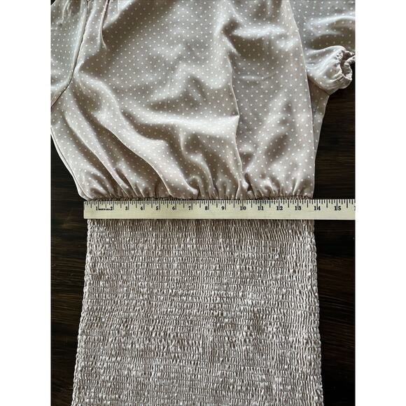 HYFVE HYFVE HYFVE Peach/Tan Polka Dot Bodycon Spring Dress Ruched Size Large - Picture 13 of 13